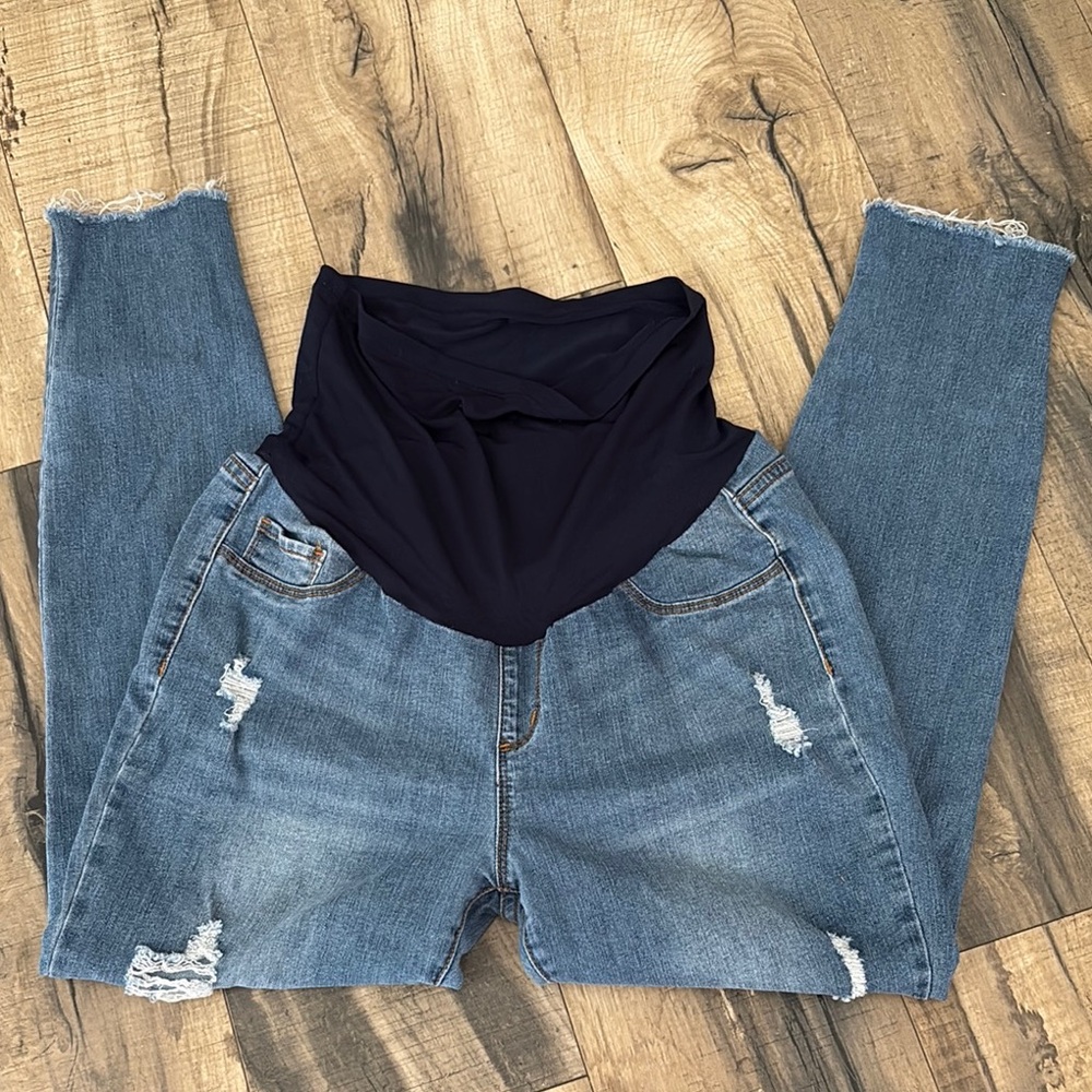 SONG Blue Distressed Maternity Jeans Large